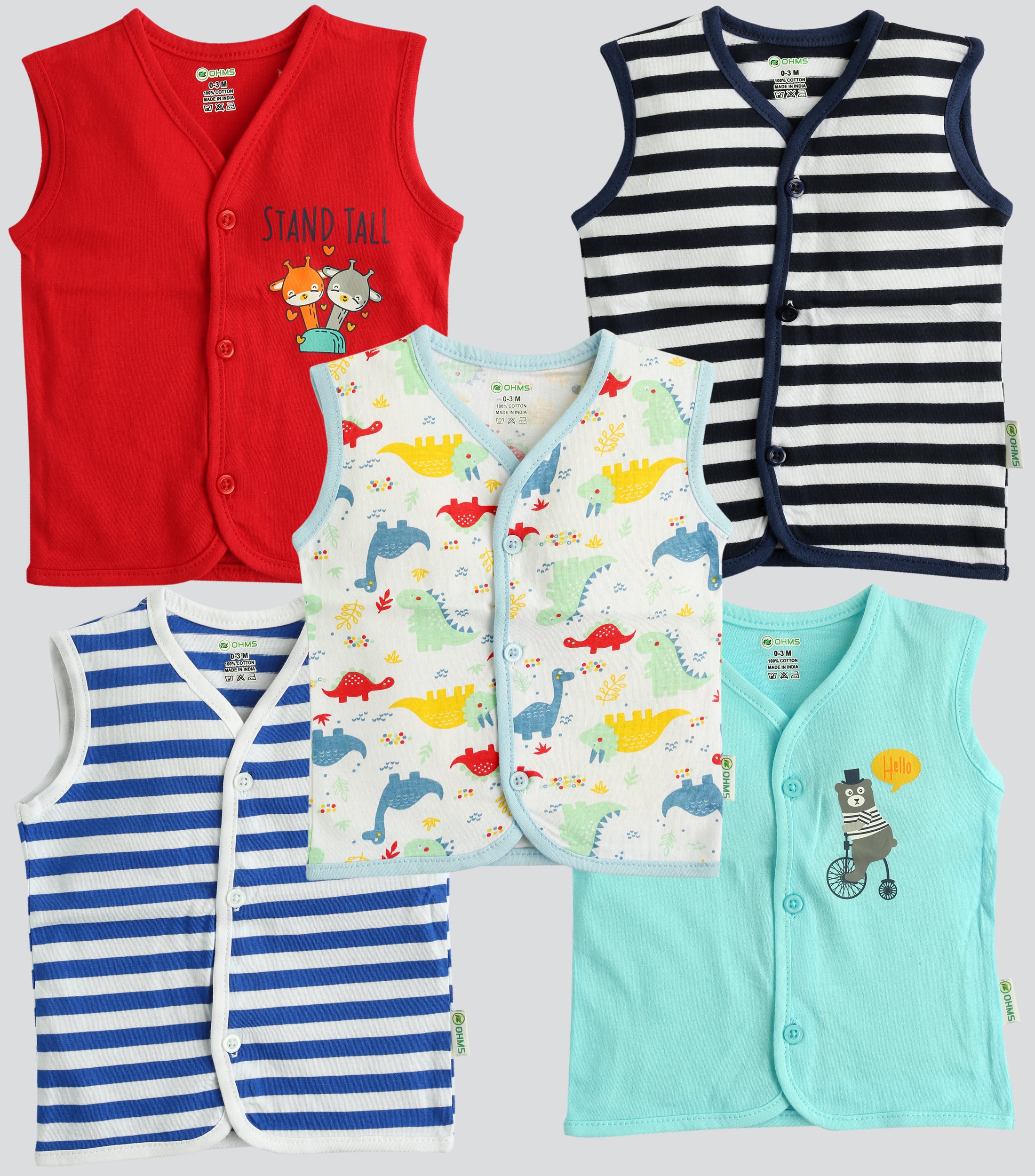 OHMS Vest For Baby Boys & Baby Girls Pure Cotton (Multicolor Pack of 5)