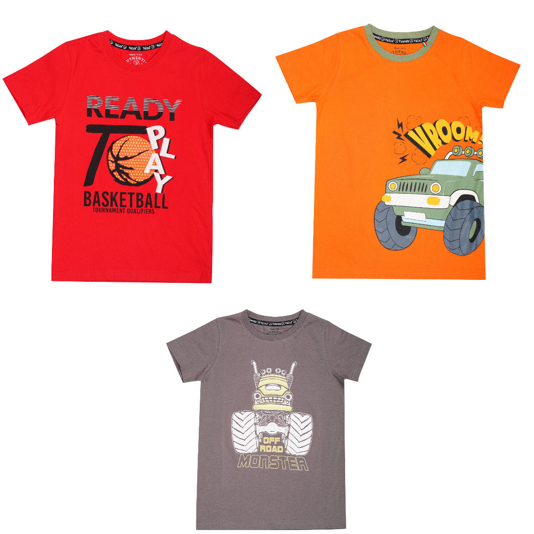 Yalzz Boys Printed Pure Cotton T Shirt Multicolor Pack of 3