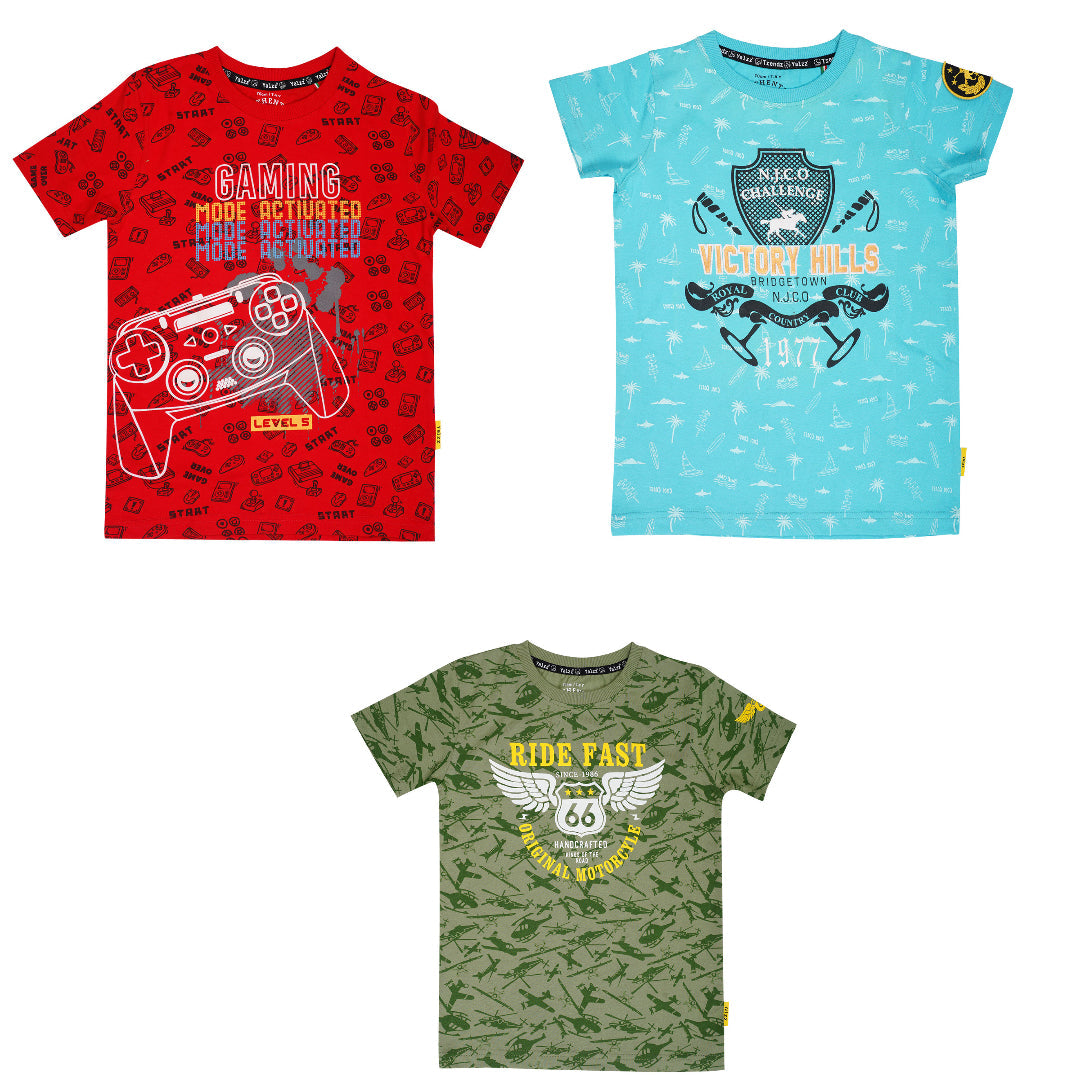Yalzz Boys Printed Pure Cotton T Shirt Multicolor Pack of 2