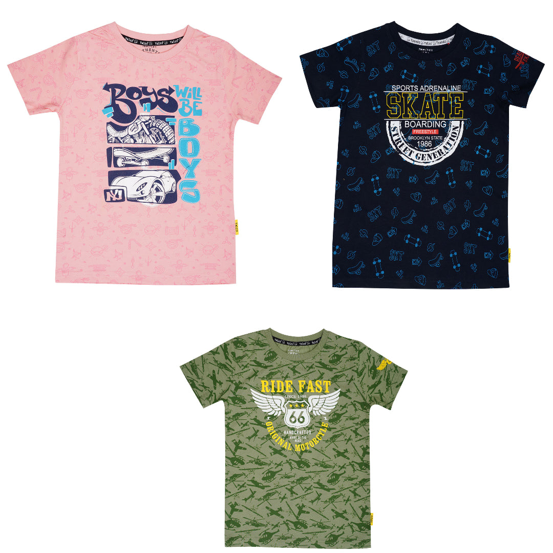 Yalzz Boys Printed Pure Cotton T Shirt Multicolor Pack of 3
