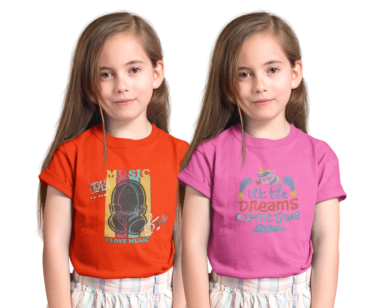 UrDeal Girls 100% Cotton Graphic Printed Fancy Half Sleeve Round Neck Tops - Pack of 2