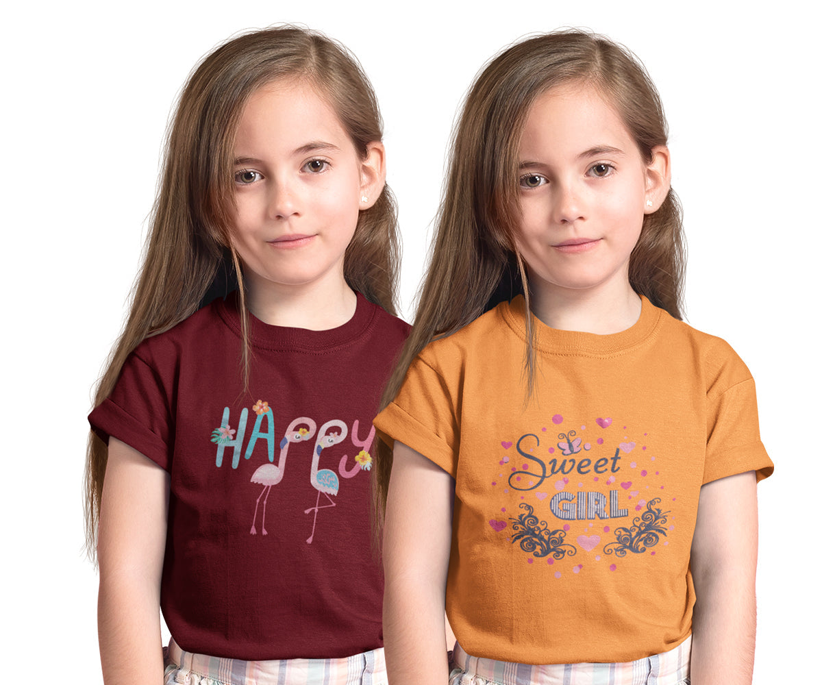 UrDeal Girls 100% Cotton Graphic Printed Fancy Half Sleeve Round Neck Tops - Pack of 2