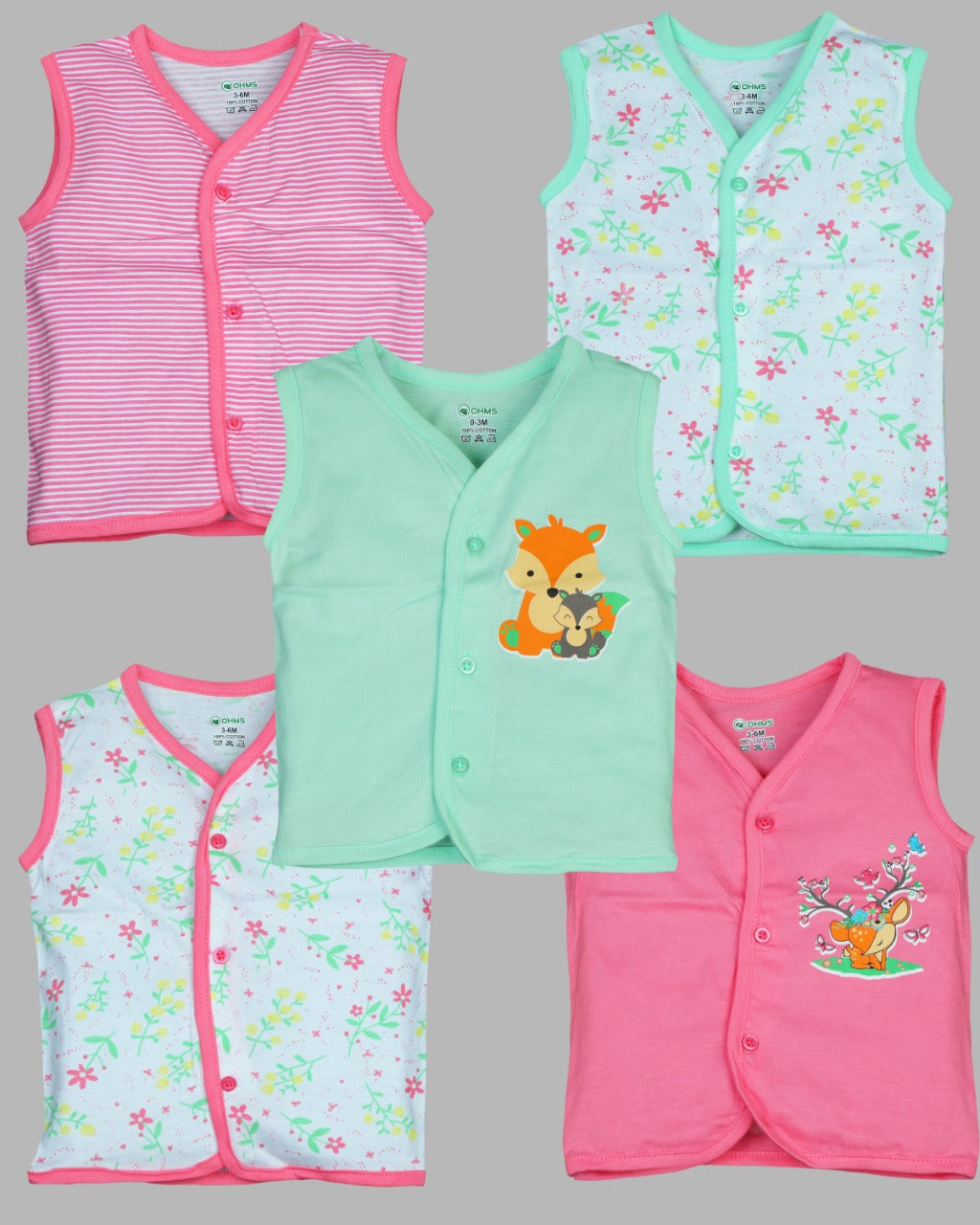 Baby Jablas Front open Mixed Vest soft cotton Pack of 5